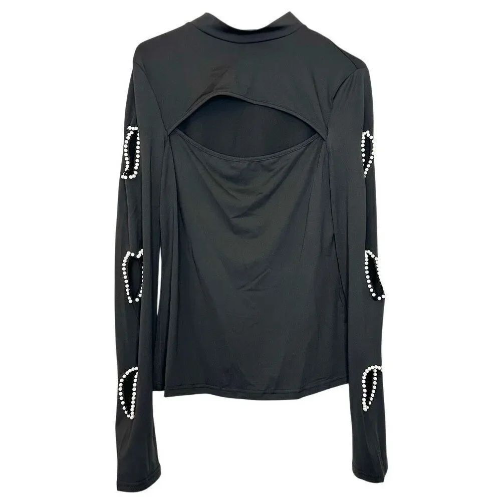 Chic Me Cutout Beaded Long Sleeve Stretch High Neck Black Blouse Top Size XL